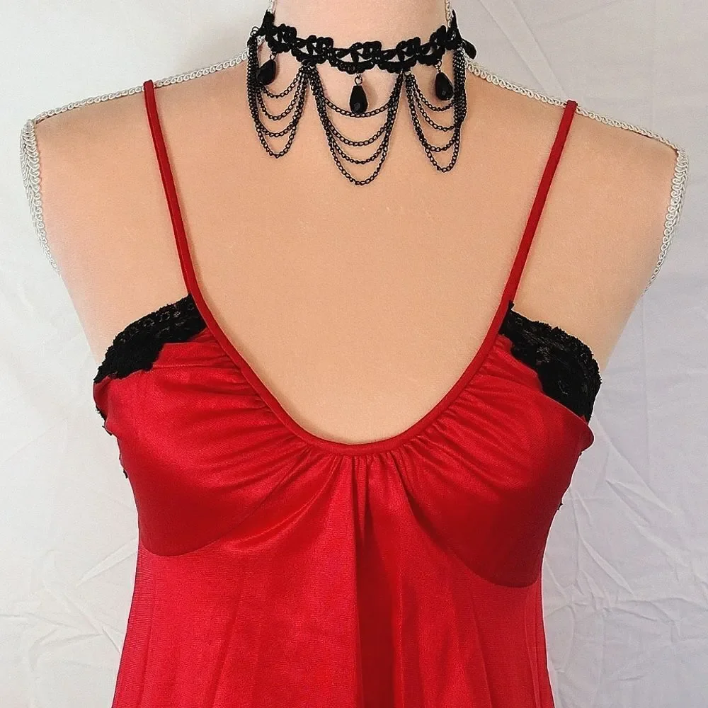 VTG 60s USA Red Black Nylon Scoop Neck Babydoll Lingerie Slip Small RARE - Picture 3 of 16